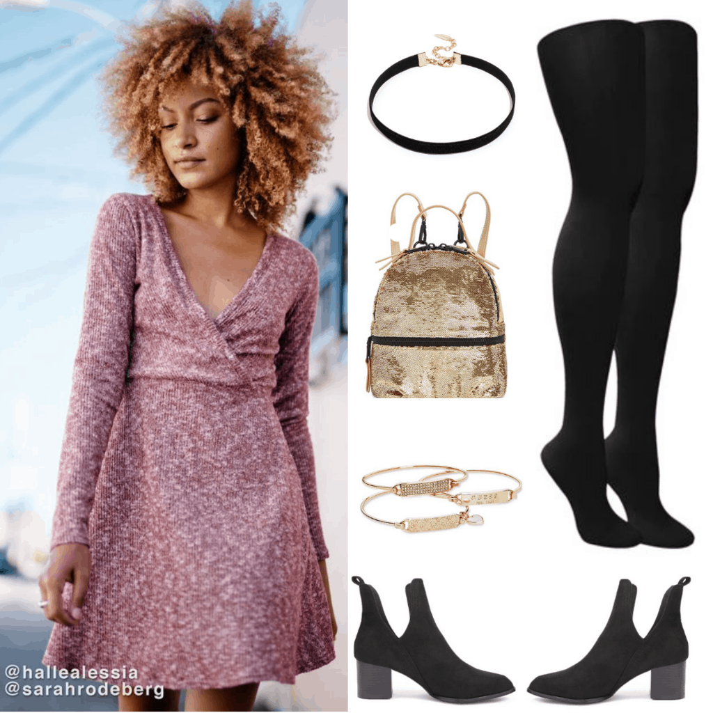 Get the Look: (Night at the Theater): Pink Knit Wrap Dress; Choker; Black Leggings; Gold Sequin Mini Backpack; Gold Stack Bracelets; Black Ankle Booties