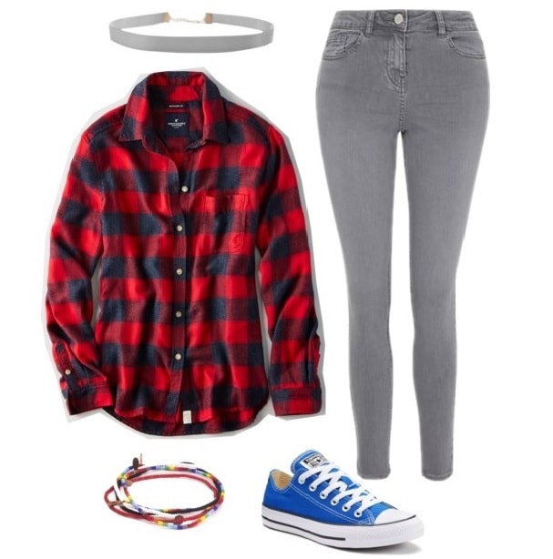 Red flannel, gray jeans, blue Converse, gray choker