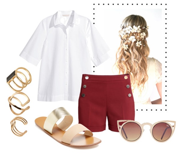 white button-up, red shorts, slide-on sandals