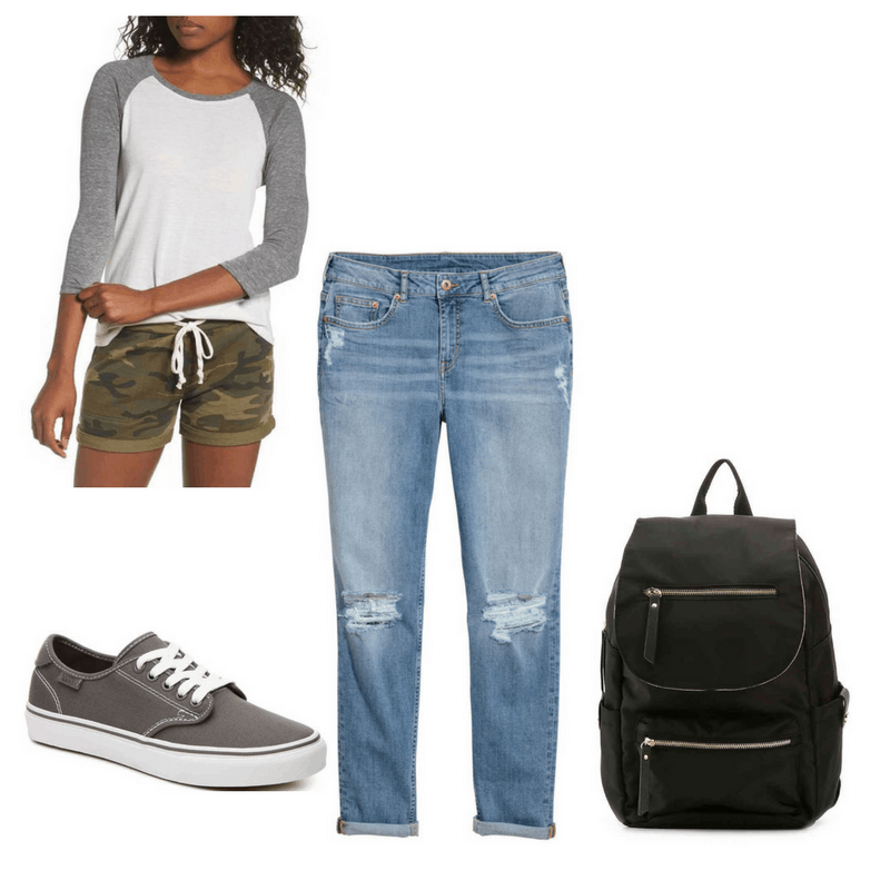 Tomboyish finals outfit with baseball tee, boyfriend jeans, Vans shoes, and black backpack