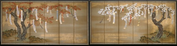 Tosa Mitsuoki's "Autumn Maples and Flowering Cherry with Poem slips" (c. 1650s) via Wikimedia Commons