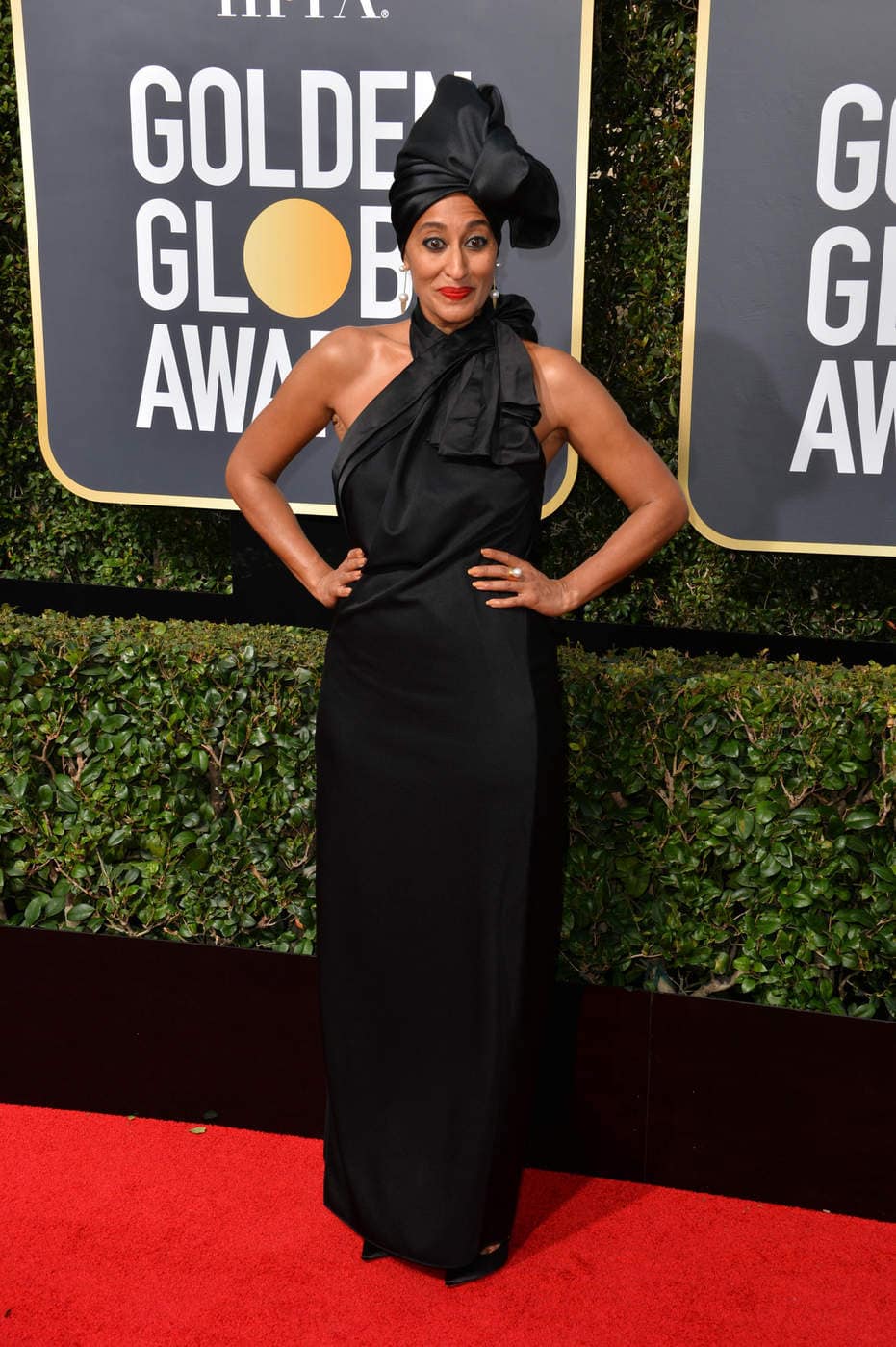 Tracee Ellis Ross in a black Marc Jacobs gown at the 2018 Golden Globe Awards red carpet