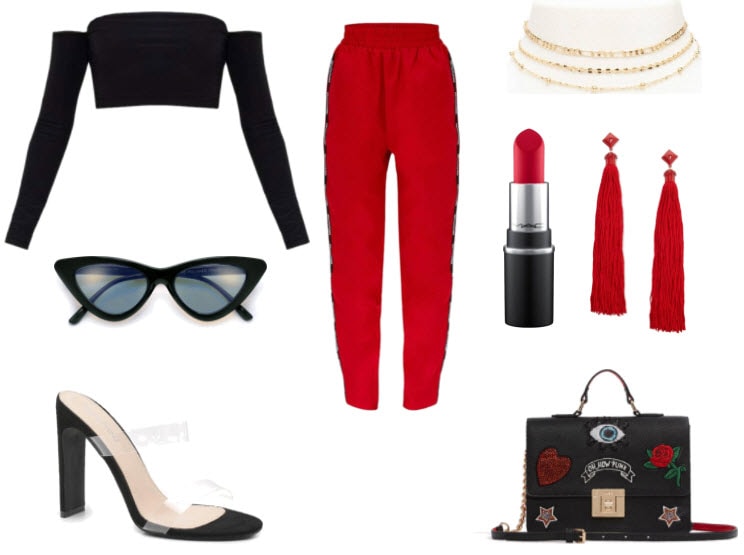 How to style track pants for a night out with black crop top, red lipstick, red earrings, black heels, black cat eye sunglasses, black purse, and gold choker necklace.