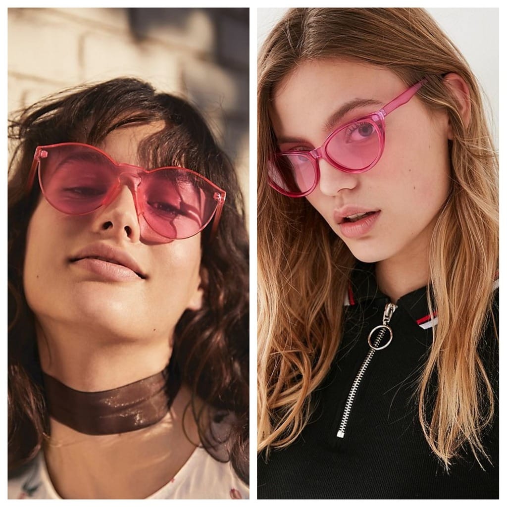 Transparent Pink Sunglasses: The pair on the left are from Free People and the pair on the right are from Urban Outfitters. Both models have flowing curly hair.