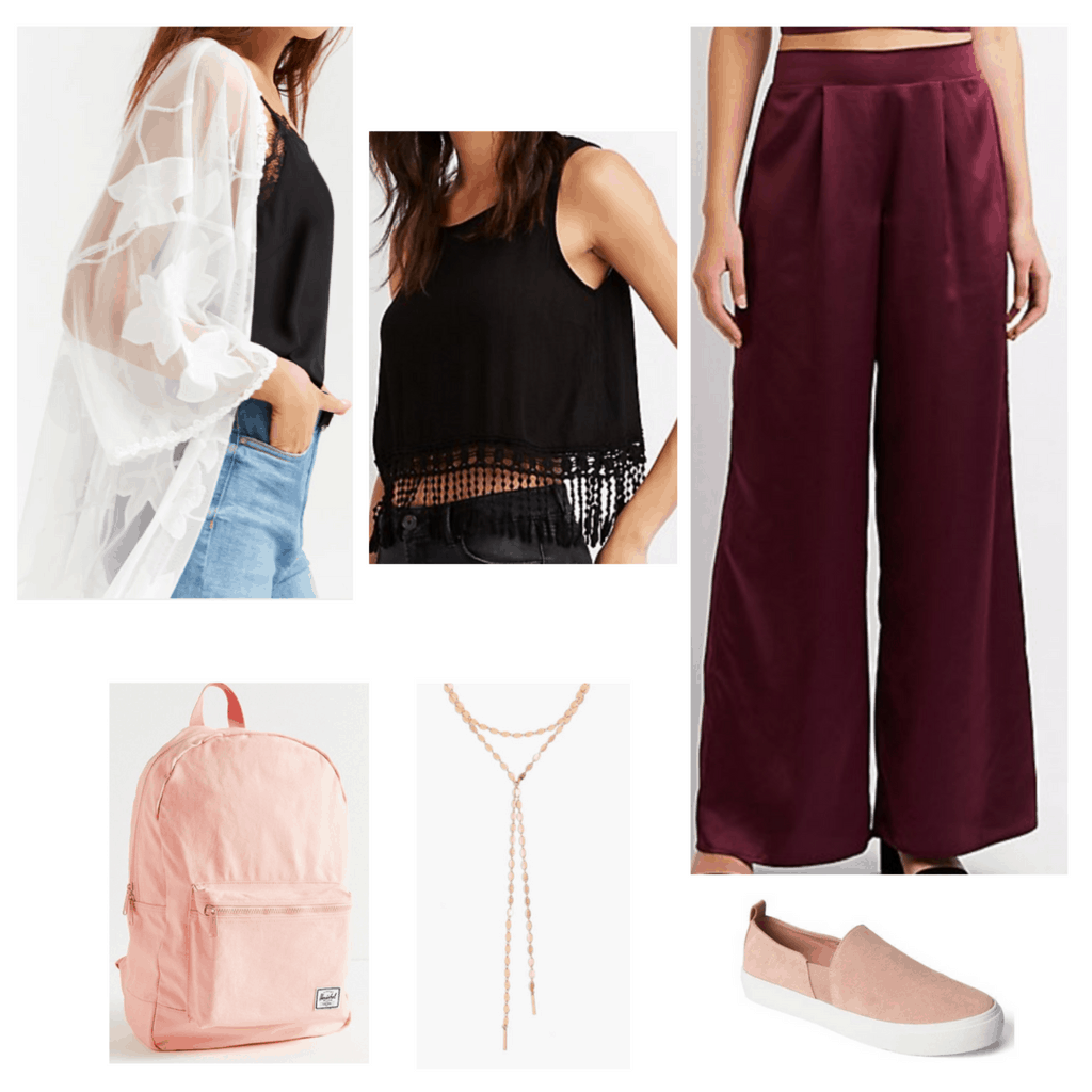 Trendy finals week outfit: Satin wide leg pants, cropped fringe tank, sheer white kimono, pink backpack, lariat necklace, pink slip on sneakers