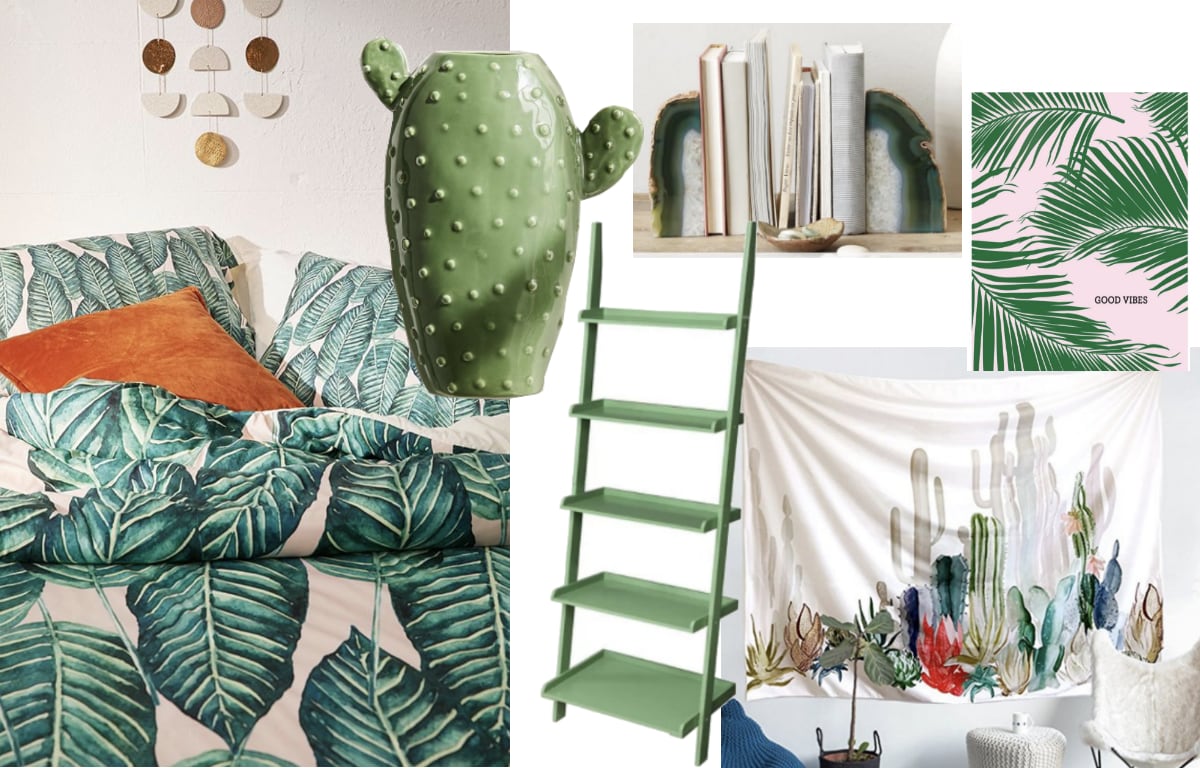 Tropical green dorm room inspiration shopping guide with pieces from West Elm, Amazon, and Target.