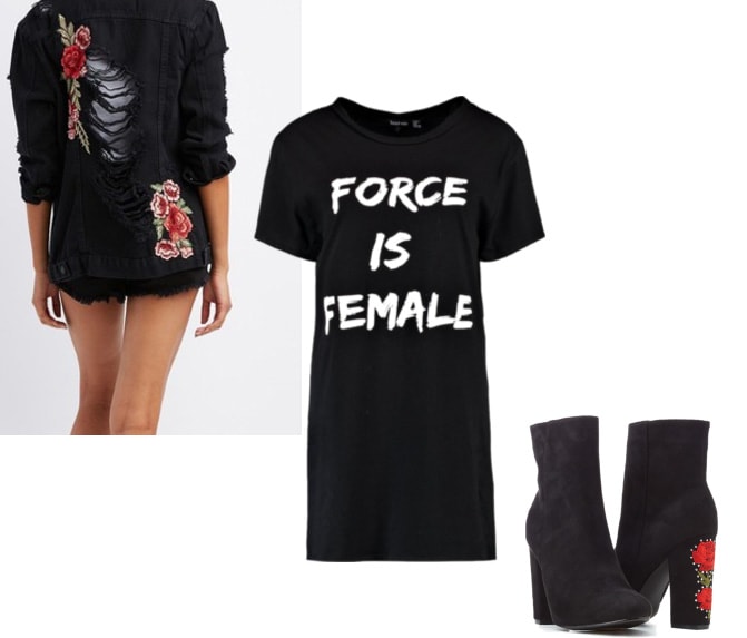 Embroidered jacket outfit: Black rose embroidered jacket, Force is Female t-shirt dress in black and white, rose embroidered ankle boots