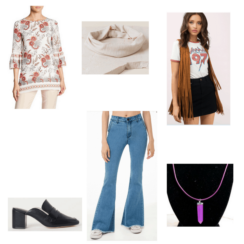 Outfit with floral bell-sleeve tunic, fringe vest, frayed flare jeans, black mules, striped headband, and purple necklace