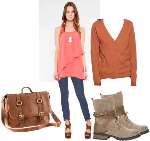 Tunic outfit 1: Pink layered tunic, cardigan, grey boots, satchel, skinny jeans