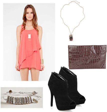 Tunic outfit 2: Pink layered tunic as a dress, necklace, clutch, ankle booties