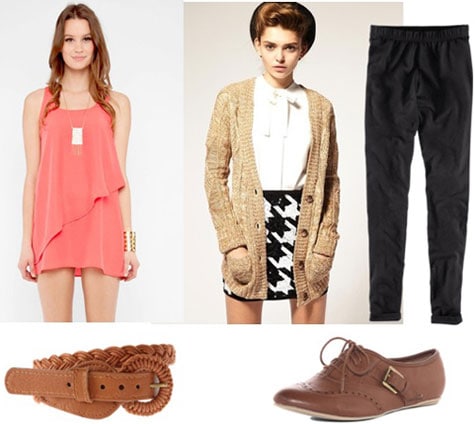 Tunic outfit 3: Pink layered tunic, boyfriend cardigan, loose trousers, oxfords, camel belt