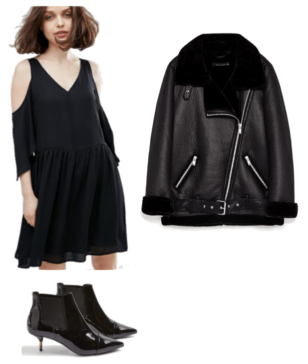 "Turn One Outfit Into Four: Chic Neutrals Edition" Outfit #2 featuring long black faux leather motorcycle jacket with faux fur lining and silver hardware, black cold-shoulder dress with v-neck, patent leather ankle boots with kitten heel, stretch panels at sides, and pointed cap-toe