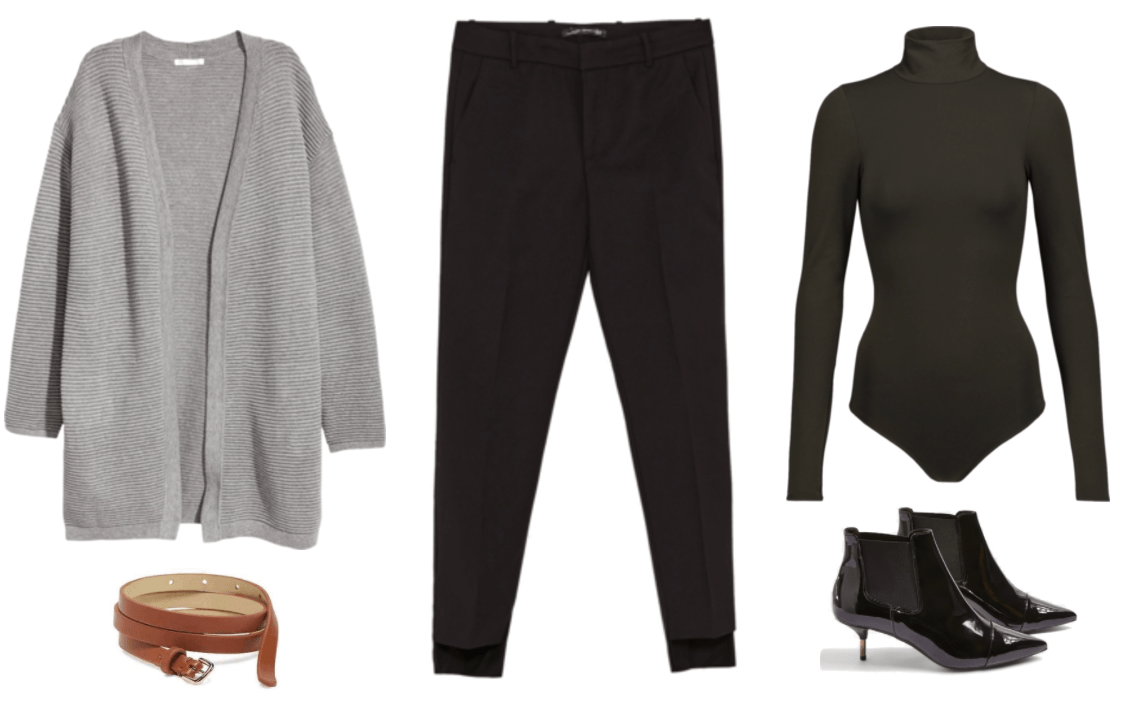 "Turn One Outfit Into Four: Chic Neutrals Edition" Outfit #1 featuring gray rib-knit open-front cardigan, cognac-brown skinny belt, black asymmetrical-hem slim-fit trousers, black turtleneck bodysuit, patent leather ankle boots with kitten heel, stretch panels at sides, and pointed cap-toe