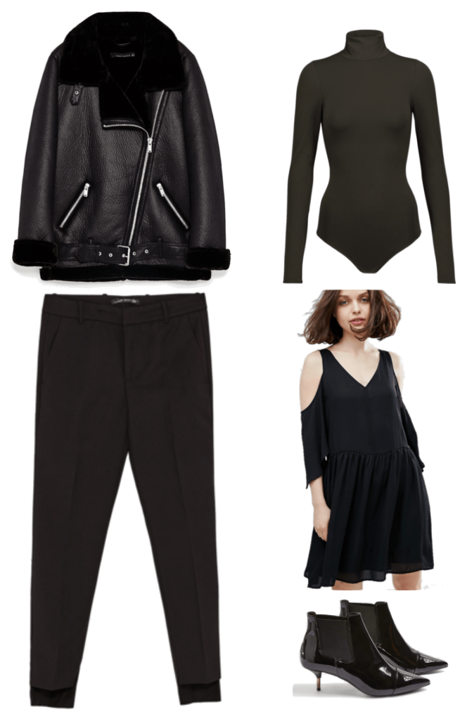 "Turn One Outfit Into Four: Chic Neutrals Edition" Outfit #3 featuring long black faux leather motorcycle jacket with faux fur lining and silver hardware, black step-hem slim-fitting trousers, black turtleneck bodysuit, black cold-shoulder dress with v-neck, patent leather ankle boots with kitten heel, stretch panels at sides, and pointed toe