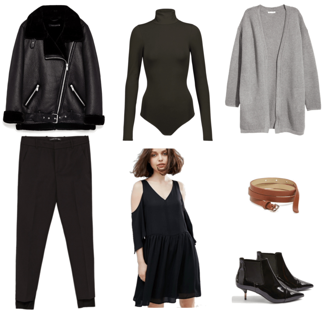 "Turn One Outfit Into Four: Chic Neutrals Edition" Outfit #4 featuring long black faux leather motorcycle jacket with faux fur lining and silver hardware, black step-hem slim-fitting trousers, black turtleneck bodysuit, black cold-shoulder dress with v-neck, gray rib-knit open-front cardigan, cognac-brown skinny belt, patent leather ankle boots with kitten heel, stretch panels at sides, and pointed toe