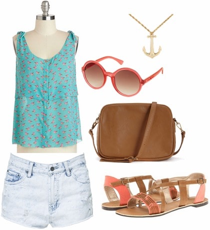 Turquoise blouse, shorts, coral sandals