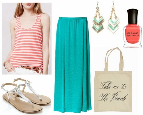 Turquoise skirt, coral stripe tank, silver sandals