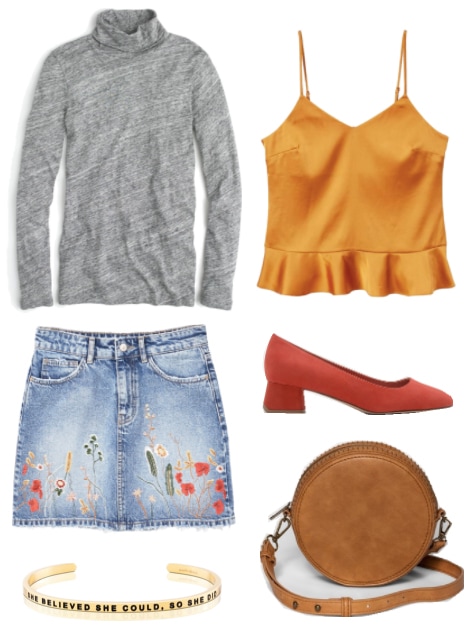 How to transition a turtleneck from winter to spring: Outfit with gray turtleneck, gold satin tank, embroidered skirt, red orange shoes, canteen crossbody bag, and gold mantra cuff bracelet.