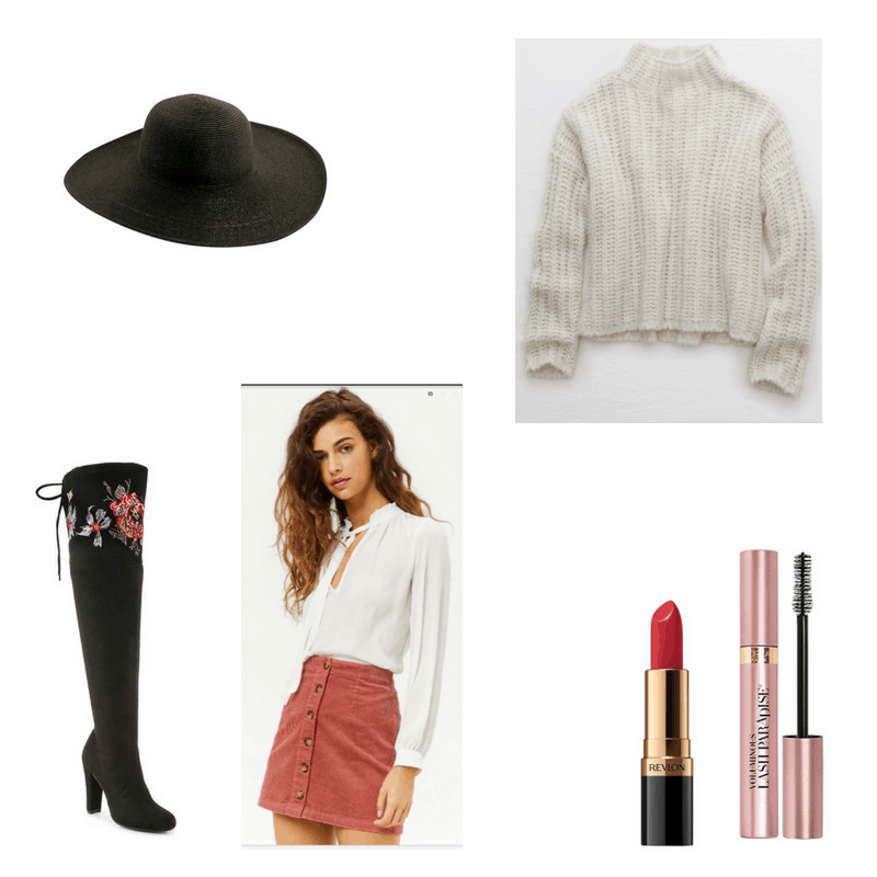 Outfit with turtleneck sweater, button-front corduroy skirt, embroidered over-the-knee boots, black hat, red lipstick, and mascara