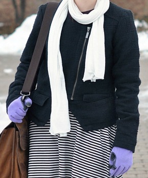 Tweed jacket and striped skirt
