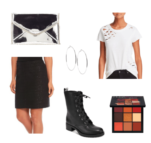 Tweed skirt outfit for a night out: Black tweed skirt, high heeled combat boots, distressed tee shirt, hoop earrings, black and white clutch, eyeshadow palette