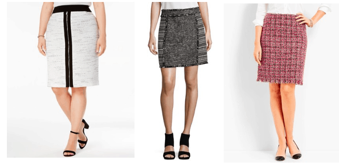 Tweed skirt trend: 3 tweed skirts in gray, dark charcoal, and rose pink