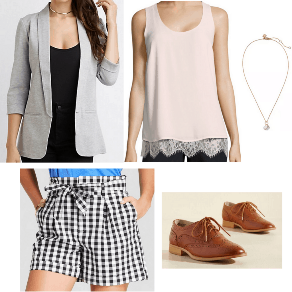 gray boyfriend blazer nude lace tank top gold pendant necklace gingham tie-waist paper bag shorts brown oxford flats outfit twelfth night outfit Shakespeare inspired outfit