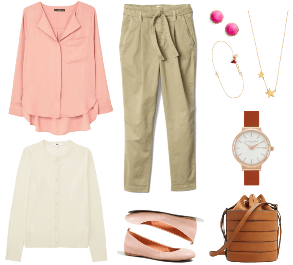 "Ask CF: How Do I Dress For Two Jobs in One Day?" Outfit #1 featuring long-sleeved salmon-colored blouse with pocket, off-white cardigan, beige high-rise cropped chinos with tie waist, pale pink ballet flats, faceted circular stud earrings with bright pink stone, gold solitaire cubic zirconia bracelet with tiny magenta fringe, gold necklace with two brushed stars, watch with rose gold hardware and brown strap, and brown bucket bag