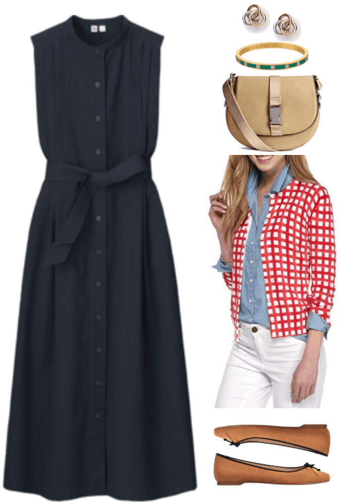 "Ask CF: How Do I Dress For Two Jobs in One Day?" Outfit #2 featuring navy blue sleeveless midi shirtdress with tie-waist, yellow, rose, and white gold-colored circle link earrings, gold bangle with green enamel and clear stones, beige cross-body bag with silver buckle detail on flap, red cardigan with white square print, caramel-colored ballet flats with black trim and bow