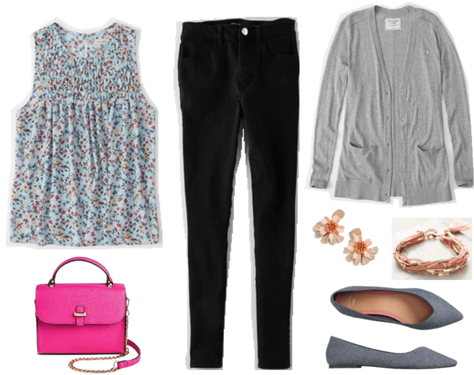 "Ask CF: How Do I Dress For Two Jobs in One Day?" Outfit #3 featuring mint-blue smocked floral-printed sleeveless top, neon pink mini top-handle bag with gold chain strap, black high-rise legging-jeans, gray boyfriend cardigan, pale pink, orange, and clear crystal floral earrings, coral and gold chain and thread bracelet, medium blue pointed-toe chambray ballet flats