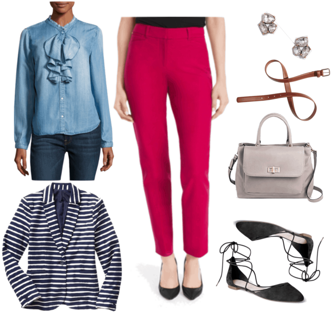 "Ask CF: How Do I Dress For Two Jobs in One Day?" Outfit #4 featuring button-up chambray blouse ruffles, navy blue-and-white striped blazer, rosy-red cropped pants, clear crystal trio earrings, brown belt with gold hardware, pale gray satchel bag with turn-lock, black tie-up d'orsay flats