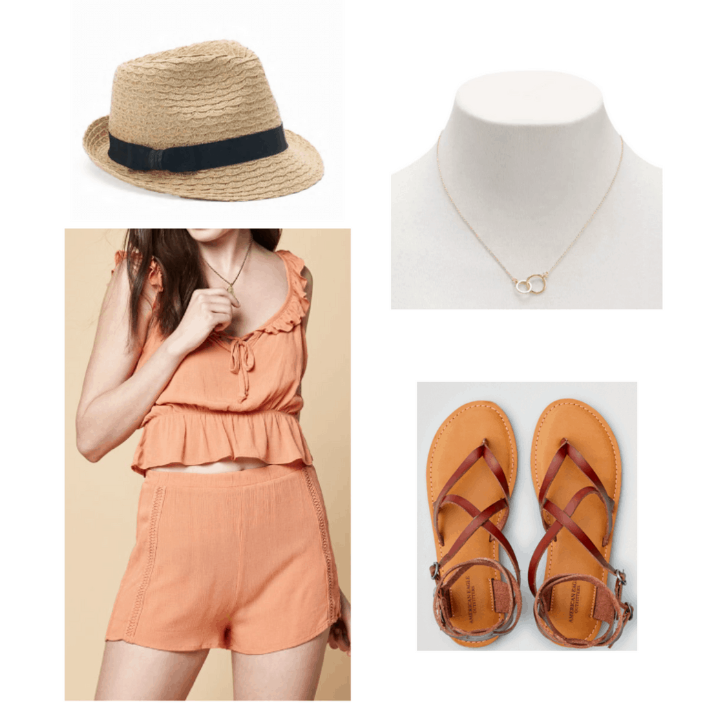 hat, orange two piece, gold necklace, brown sandals