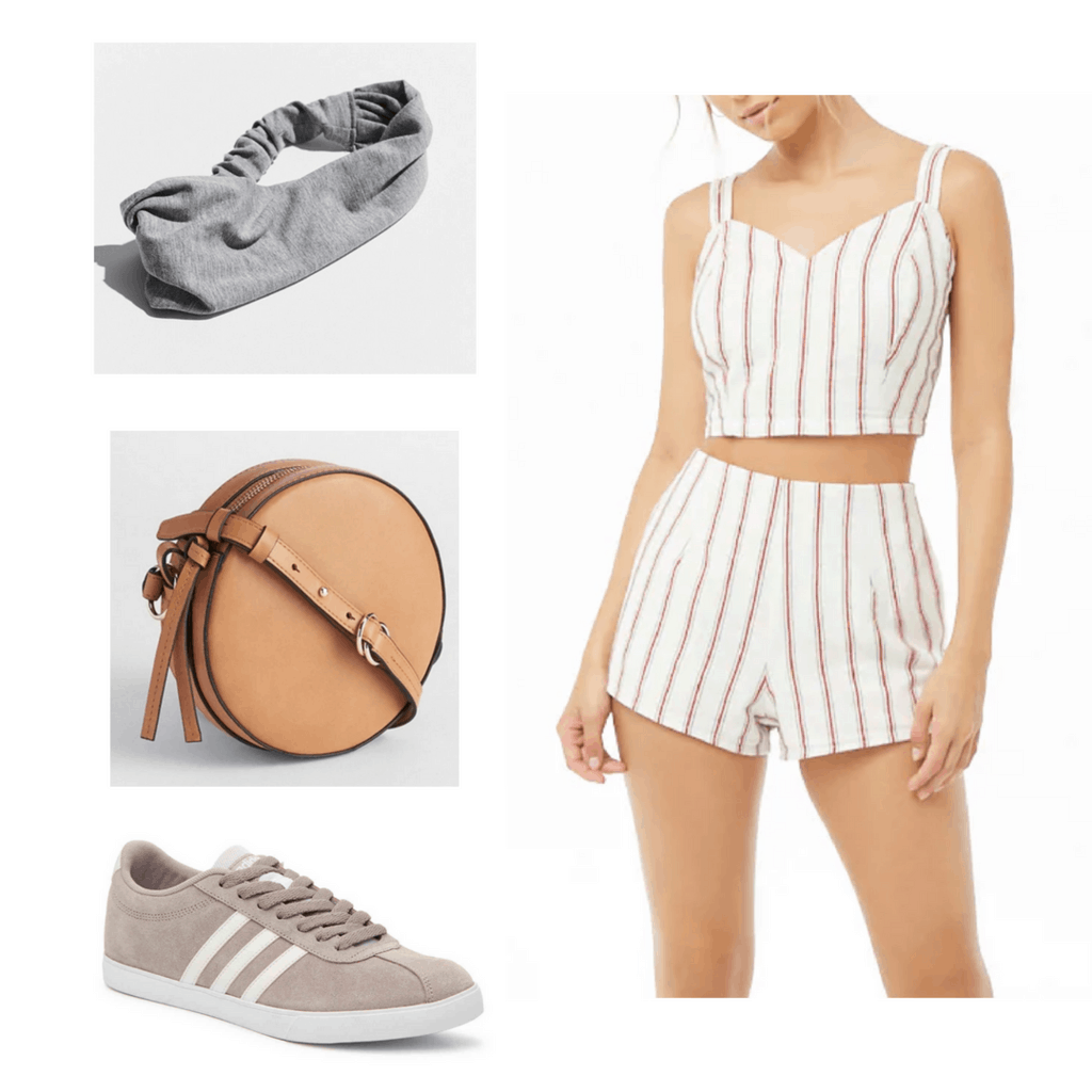 Two-piece matching white stripe set, grey headband, brown bag, and beige sneakers