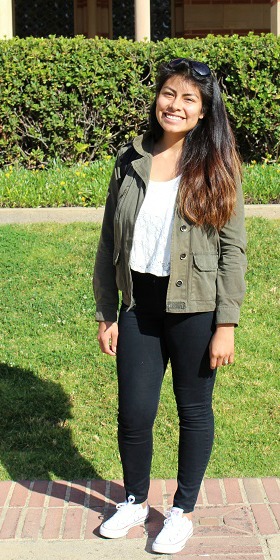 UCLA street style with fashionista Valerie wearing a patterned dress, chambray/denim button-down shirt, over-the-knee socks, and ankle boots