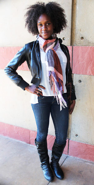 UCLA student style - college fashionista rocking jeans, a jacket, and a colorful scarf