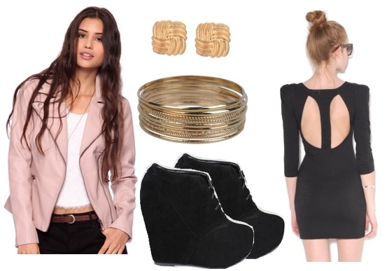 Night out outfit under $100 - little black dress, pink blazer, wedge booties, jewelry