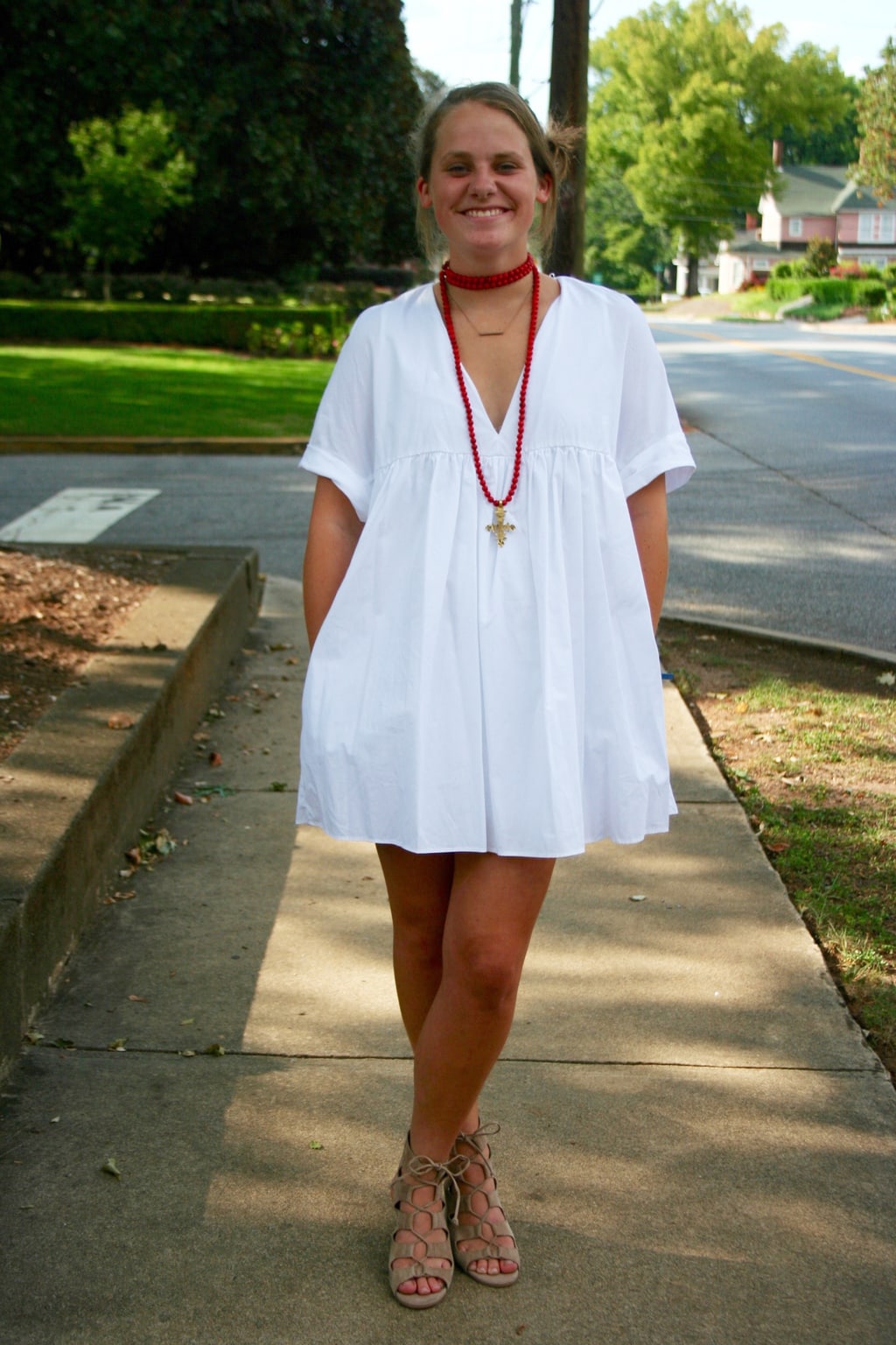 Student fashion at the University of Georgia - effortless white dress, necklace and sandals