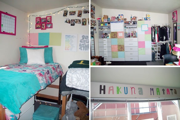 College dorm room at the University of Oregon: Bed, closet, decorations