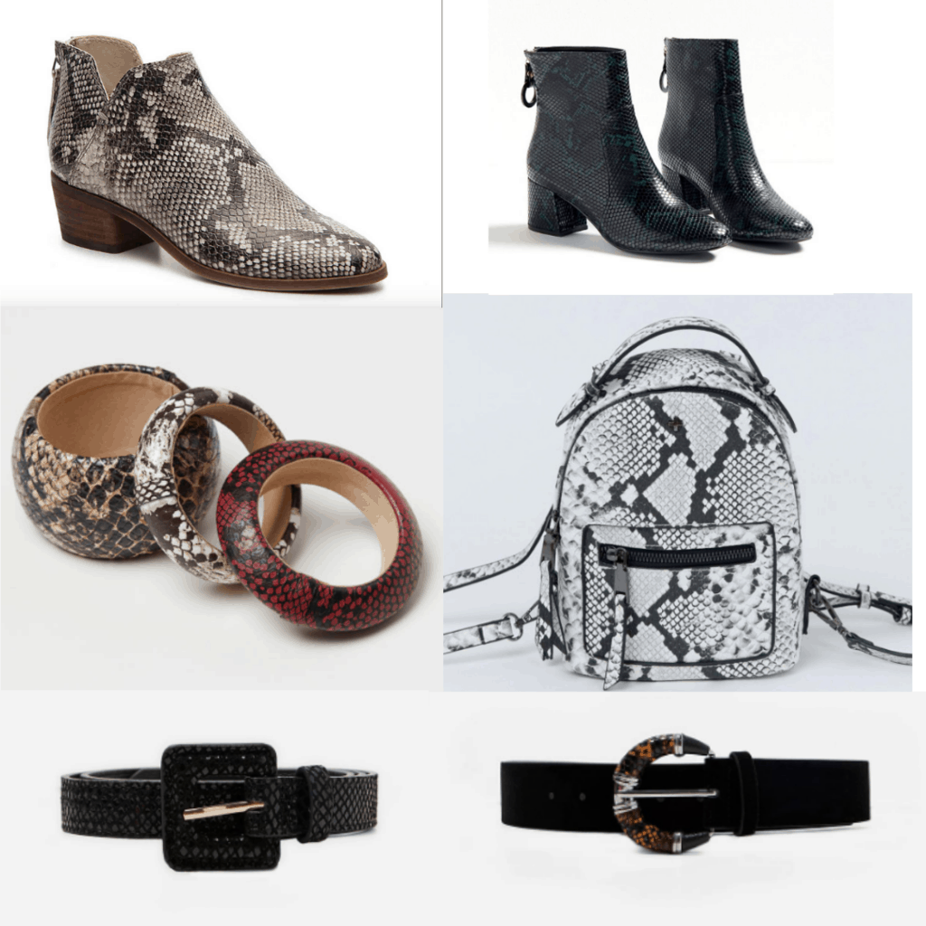 Snakeskin print accessories for 2019: Snakeskin print boots, bangles, mini backpack, belts