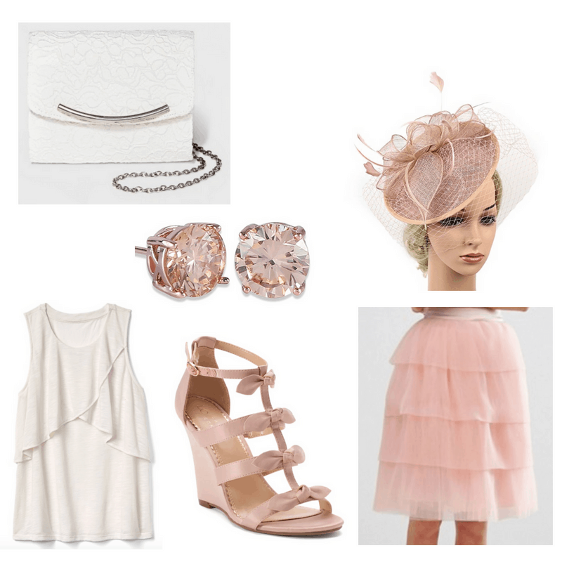 Pink skirt, heels, earrings, fascinator, white top and clutch bag.