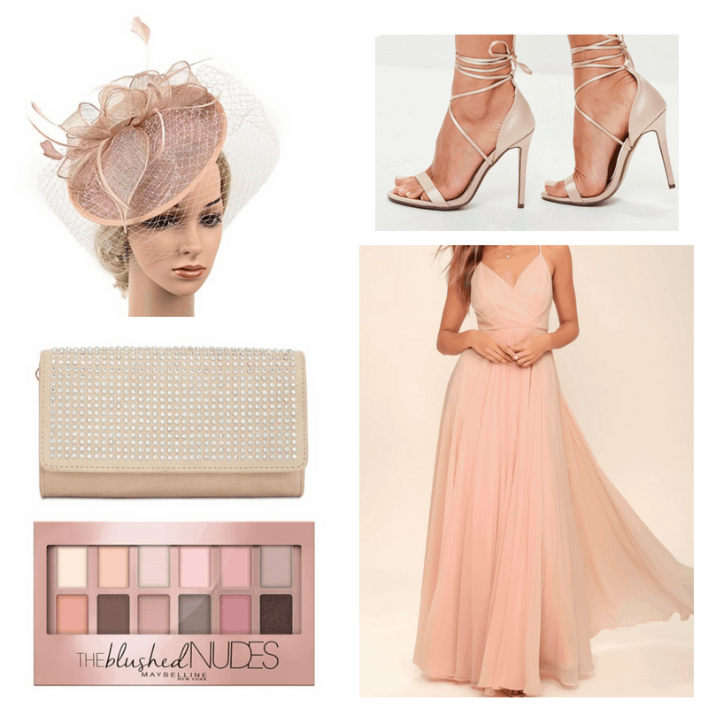 Pink maxi dress, heels, clutch fascinator and eye shadow.