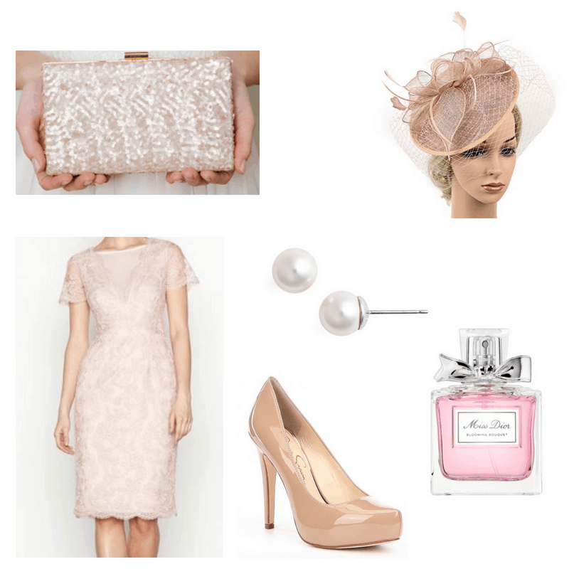 Lace pink dress, sequin clutch, pink fascinator, nude pumps, pearl earrings and miss dior perfume.