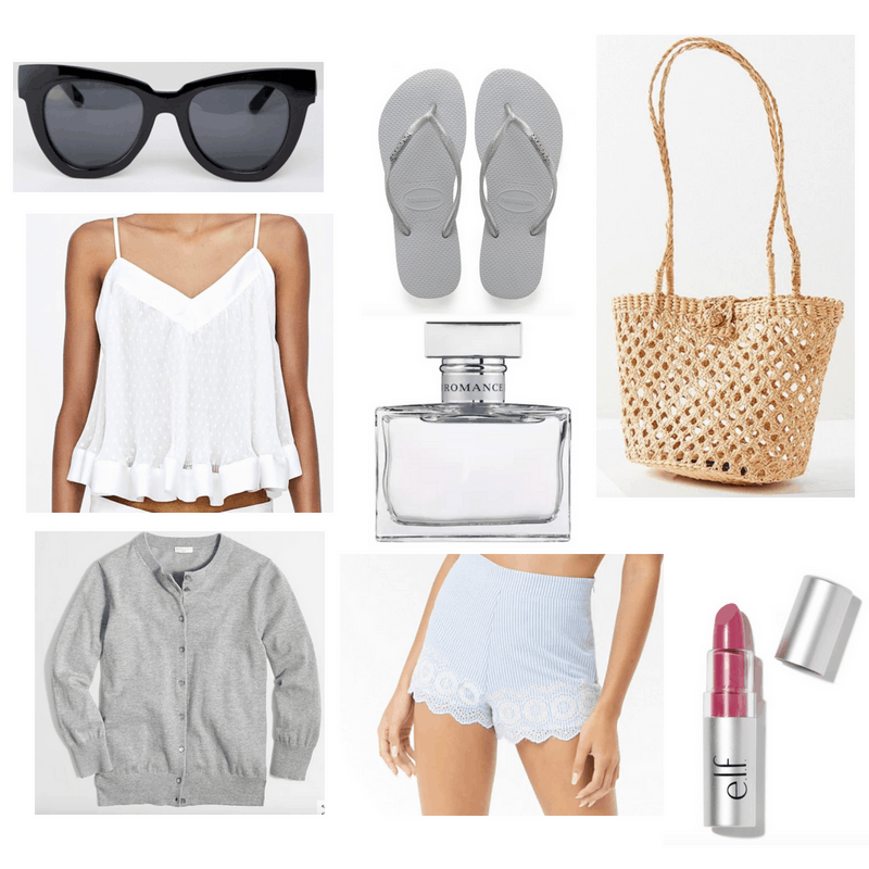 White top, blue shorts, gray cardigan, straw bag, black sunglasses, gray flip flops, lipstick and perfume.