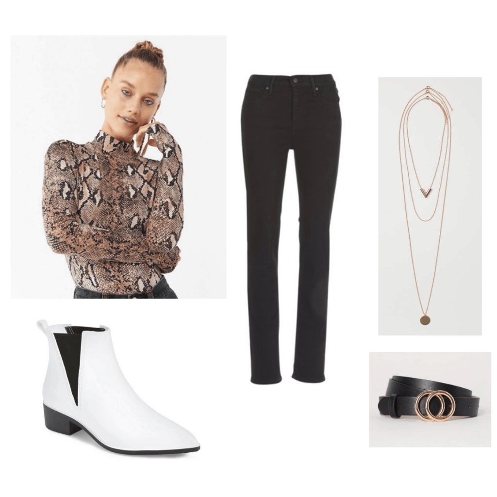 Snakeskin print top outfit with black jeans, layered necklaces, white ankle boots and belt