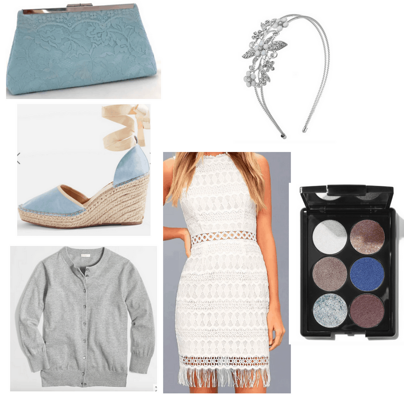 White dress, blue wedges, blue clutch, jeweled headband, blue eyeshadow palette and gray cardigan.