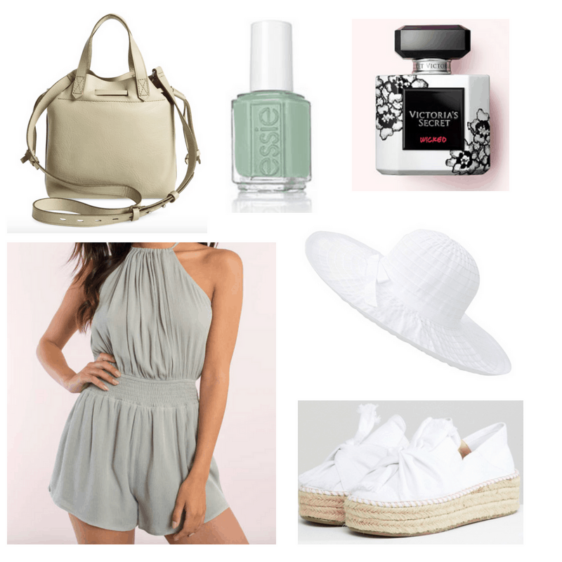 green romper, bag and nailpolish, white perfume, bag and shoes.