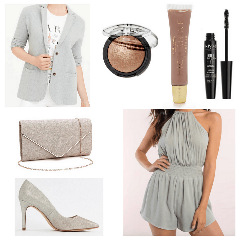 Romper, clutch, heels, sweater blazer, lip gloss, mascara and bronzer.