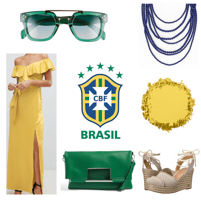 Yellow maxi dress and eyeshadow, green clutch and sunglasses, blue necklace and espadrilles