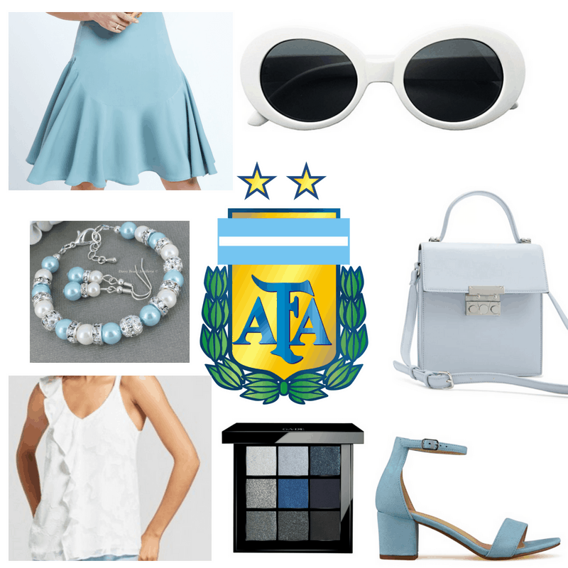 Light blue skirt, bag, bracelet, heels and makeup palette, white top and sunglasses.