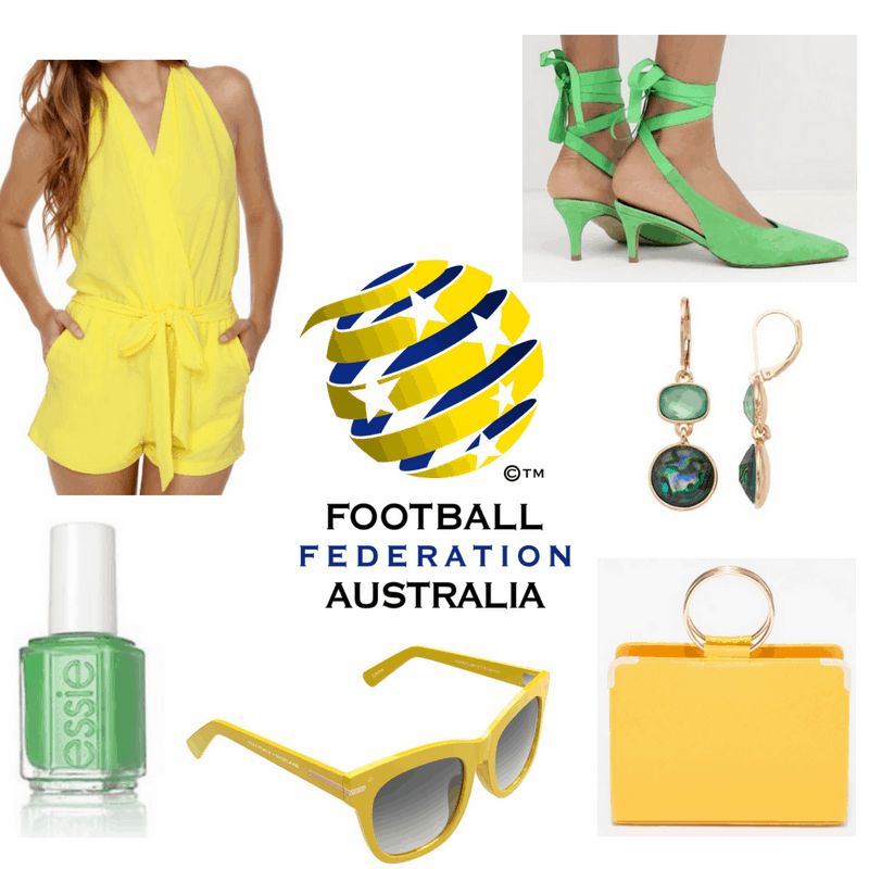 Yellow romper, sunglasses and bag, green shoes, nail polish and earrings